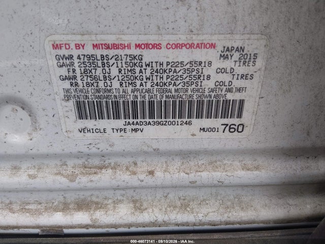 2016 Mitsubishi Outlander Sel მანქანა იყიდება აუქციონზე, vin: JA4AD3A39GZ001246, აუქციონის ნომერი: 46073141