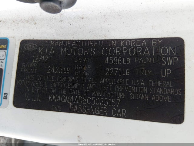 Aukcja sprzedaży 2012 Kia Optima Hybrid Ex, vin: KNAGM4AD8C5035157, numer aukcji: 46073153