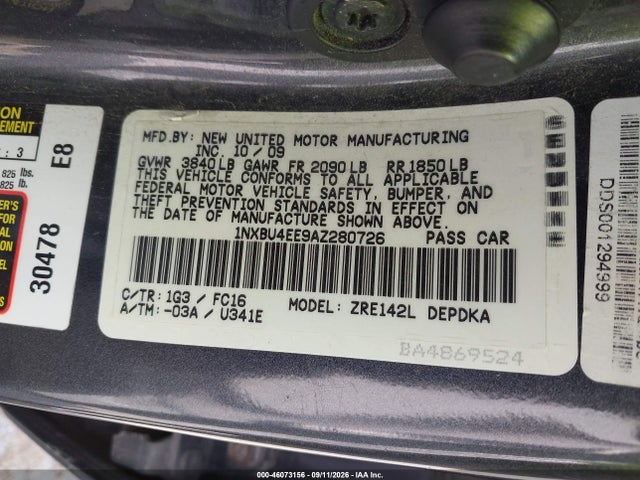 Продажа на аукционе авто 2010 Toyota Corolla Le, vin: 1NXBU4EE9AZ280726, номер лота: 46073156