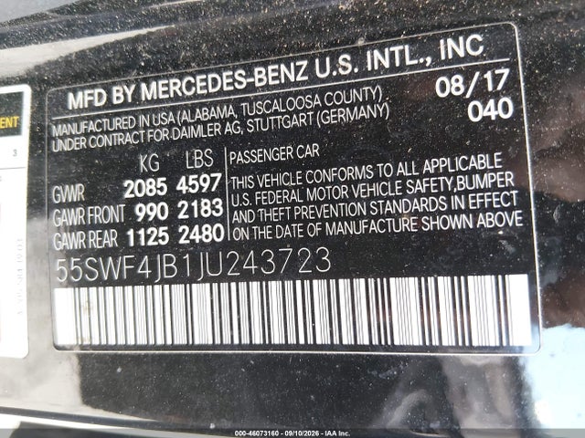 Продажа на аукционе авто 2018 Mercedes-benz C 300, vin: 55SWF4JB1JU243723, номер лота: 46073160