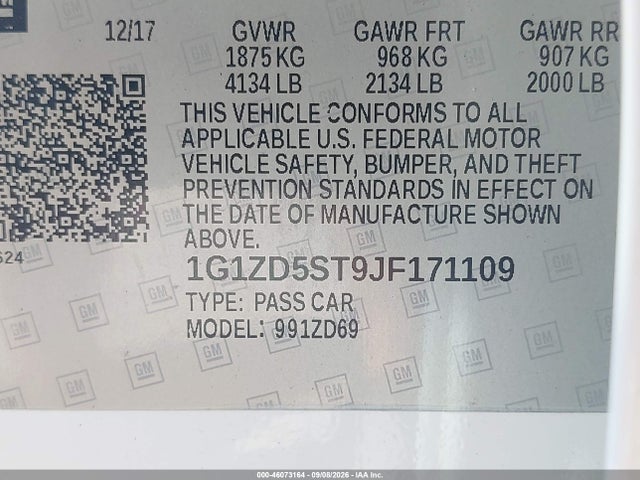 Продажа на аукционе авто 2018 Chevrolet Malibu Lt, vin: 1G1ZD5ST9JF171109, номер лота: 46073164