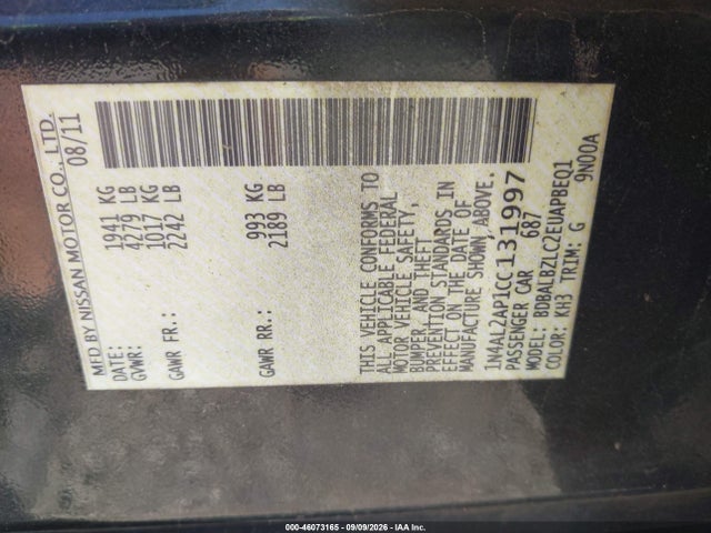 2012 Nissan Altima 2.5 S მანქანა იყიდება აუქციონზე, vin: 1N4AL2AP1CC131997, აუქციონის ნომერი: 46073165