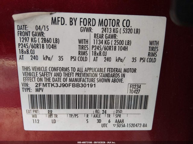 46073166 :رقم المزاد ، 2FMTK3J90FBB30191 vin ، 2015 Ford Edge Sel مزاد بيع