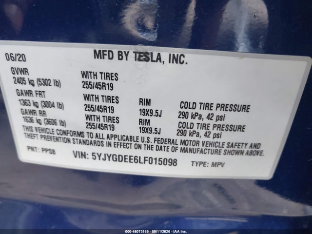 Продажа на аукционе авто 2020 Tesla Model Y Long Range Dual Motor All-wheel Drive, vin: 5YJYGDEE6LF015098, номер лота: 46073169