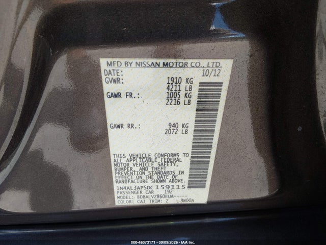 Продажа на аукционе авто 2013 Nissan Altima 2.5 Sl, vin: 1N4AL3AP5DC159115, номер лота: 46073171