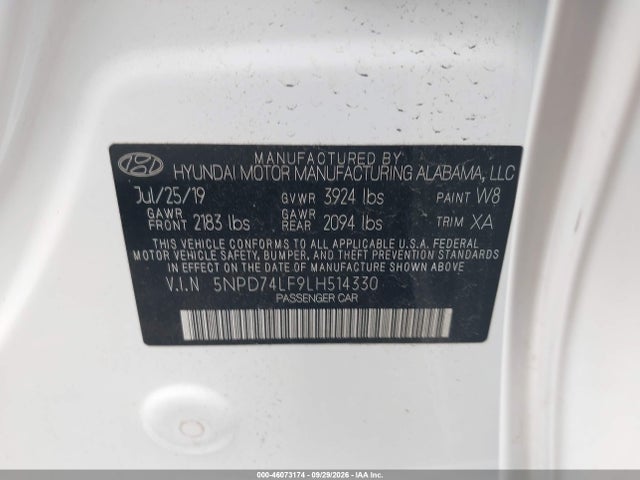 46073174 :رقم المزاد ، 5NPD74LF9LH514330 vin ، 2020 Hyundai Elantra Se مزاد بيع