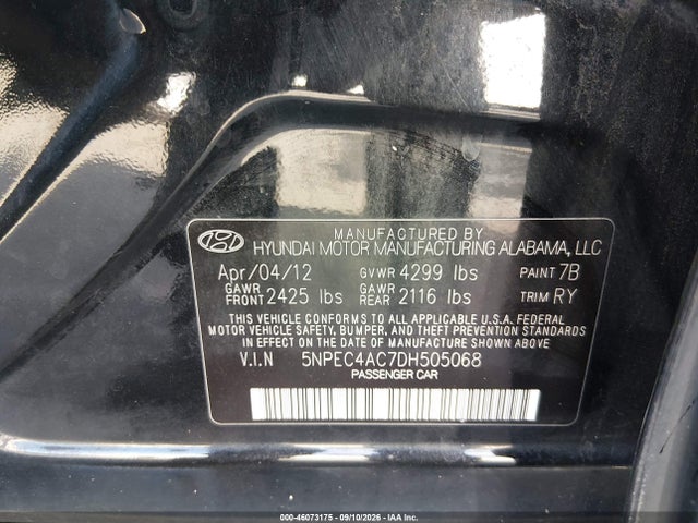 46073175 :رقم المزاد ، 5NPEC4AC7DH505068 vin ، 2013 Hyundai Sonata Se مزاد بيع