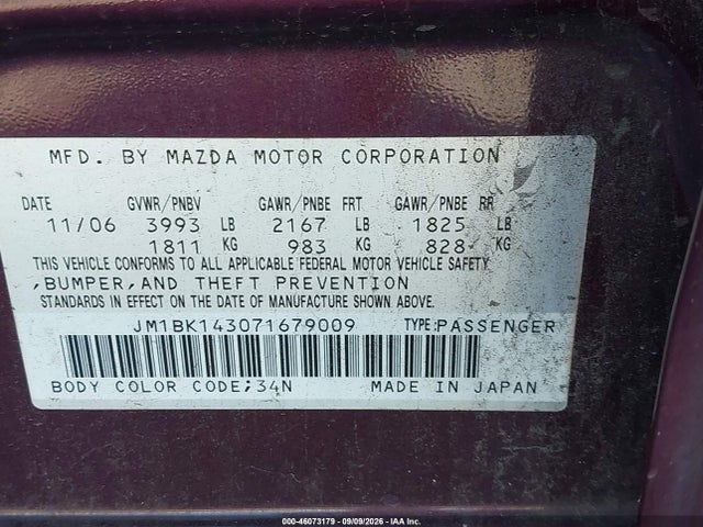 Продаж на аукціоні авто 2007 Mazda Mazda3 S Sport, vin: JM1BK143071679009, номер лоту: 46073179