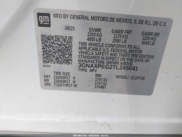 2026 Chevrolet Equinox Awd Lt მანქანა იყიდება აუქციონზე, vin: 3GNAXPEG2TL245041, აუქციონის ნომერი: 46073185