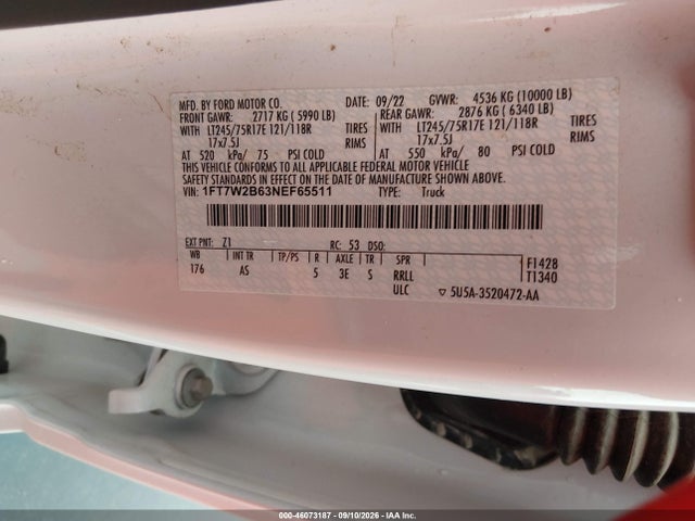 2022 Ford F-250 Xl მანქანა იყიდება აუქციონზე, vin: 1FT7W2B63NEF65511, აუქციონის ნომერი: 46073187