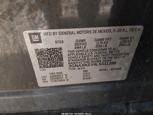2020 Chevrolet Equinox Fwd Lt 1.5l Turbo მანქანა იყიდება აუქციონზე, vin: 3GNAXKEV4LS511389, აუქციონის ნომერი: 46073194