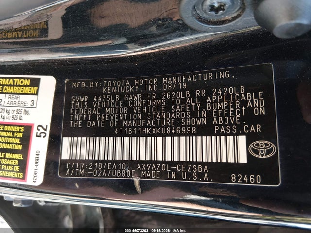 Aukcja sprzedaży 2019 Toyota Camry Se, vin: 4T1B11HKXKU846998, numer aukcji: 46073203