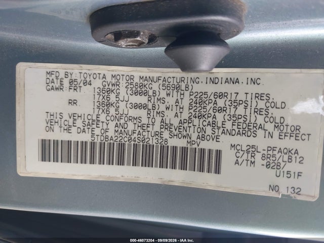 46073204 :رقم المزاد ، 5TDBA22C04S021328 vin ، 2004 Toyota Sienna Xle/xle Limited مزاد بيع