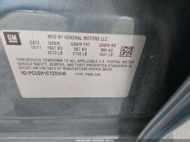 46073229 :رقم المزاد ، 1G1PC5SH1C7235646 vin ، 2012 Chevrolet Cruze Ls مزاد بيع