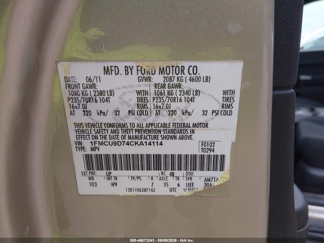 2012 Ford Escape Xlt მანქანა იყიდება აუქციონზე, vin: 1FMCU9D74CKA14114, აუქციონის ნომერი: 46073243