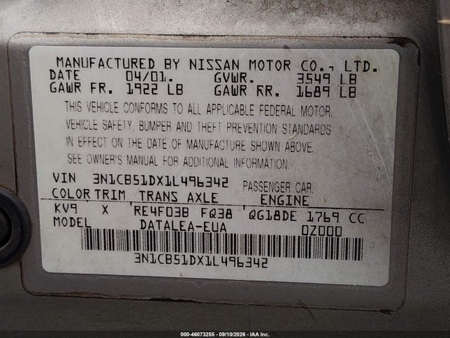 Продаж на аукціоні авто 2001 Nissan Sentra Gxe, vin: 3N1CB51DX1L496342, номер лоту: 46073255