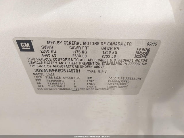 46073264 :رقم المزاد ، 2GKALNEK6G6145701 vin ، 2016 Gmc Terrain Sle-2 مزاد بيع