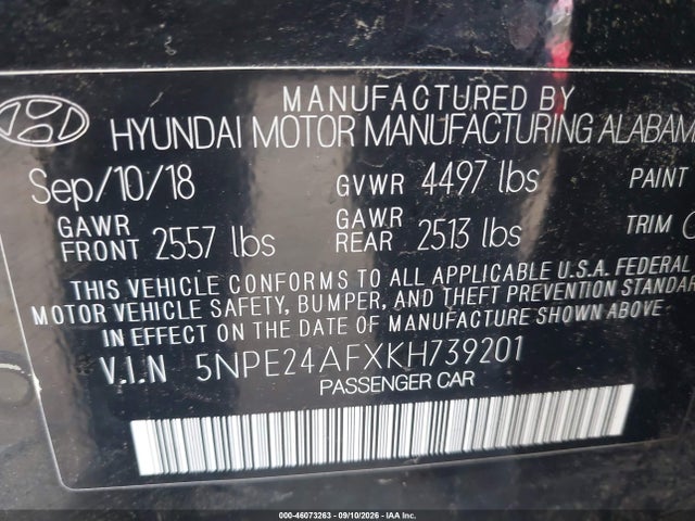 2019 Hyundai Sonata Se მანქანა იყიდება აუქციონზე, vin: 5NPE24AFXKH739201, აუქციონის ნომერი: 46073263