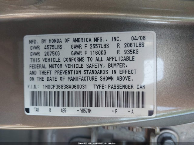 Продаж на аукціоні авто 2008 Honda Accord 3.5 Ex-l, vin: 1HGCP36838A060031, номер лоту: 46073271