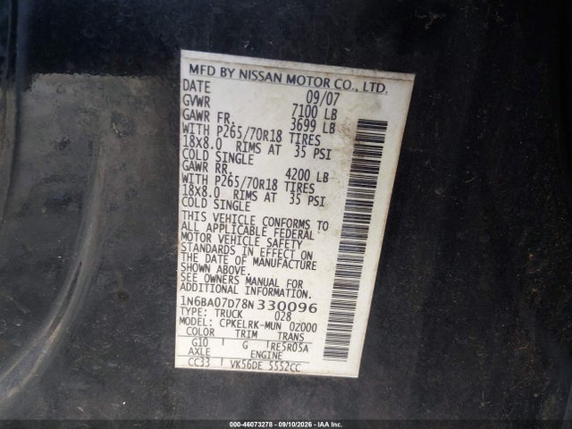 Продаж на аукціоні авто 2008 Nissan Titan Xe, vin: 1N6BA07D78N330096, номер лоту: 46073278