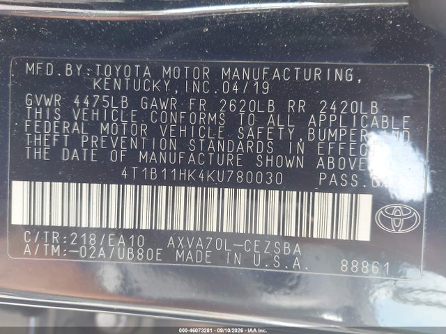 Продажа на аукционе авто 2019 Toyota Camry Se, vin: 4T1B11HK4KU780030, номер лота: 46073281
