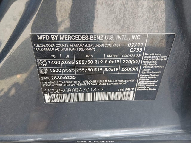 Продажа на аукционе авто 2011 Mercedes-benz Ml 350 4matic, vin: 4JGBB8GB0BA701879, номер лота: 46073282
