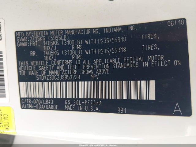 Auction sale of the 2018 Toyota Sienna Limited Premium 7 Passenger, vin: 5TDYZ3DC2JS953239, lot number: 46073286