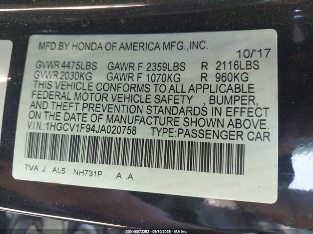Aukcja sprzedaży 2018 Honda Accord Touring, vin: 1HGCV1F94JA020758, numer aukcji: 46073302