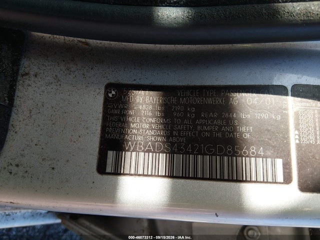2001 Bmw 525ia მანქანა იყიდება აუქციონზე, vin: WBADS43421GD85684, აუქციონის ნომერი: 46073312