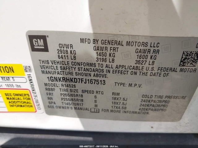 Chevrolet Traverse Lt 2015 1GNKRHKD7FJ167513 Image 9