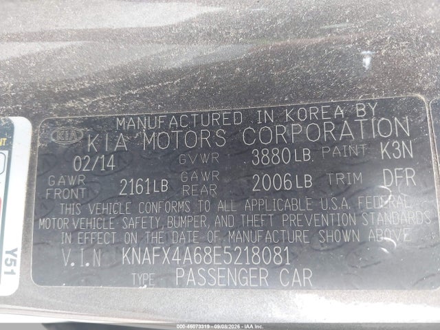 2014 Kia Forte Lx მანქანა იყიდება აუქციონზე, vin: KNAFX4A68E5218081, აუქციონის ნომერი: 46073319