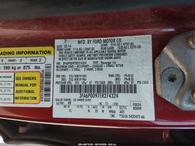 46073320 :رقم المزاد ، 3FA6P0D97ER274324 vin ، 2014 Ford Fusion Titanium مزاد بيع