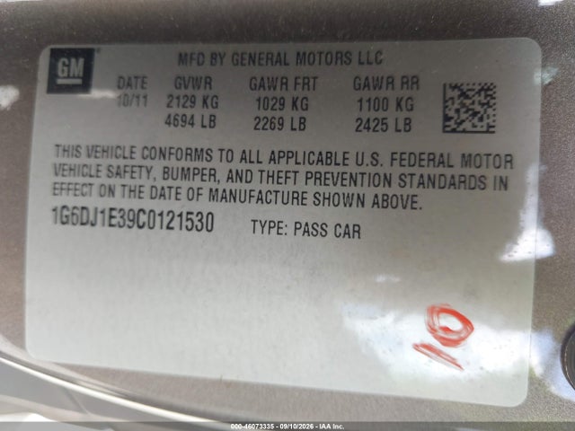 46073335 :رقم المزاد ، 1G6DJ1E39C0121530 vin ، 2012 Cadillac Cts Performance مزاد بيع