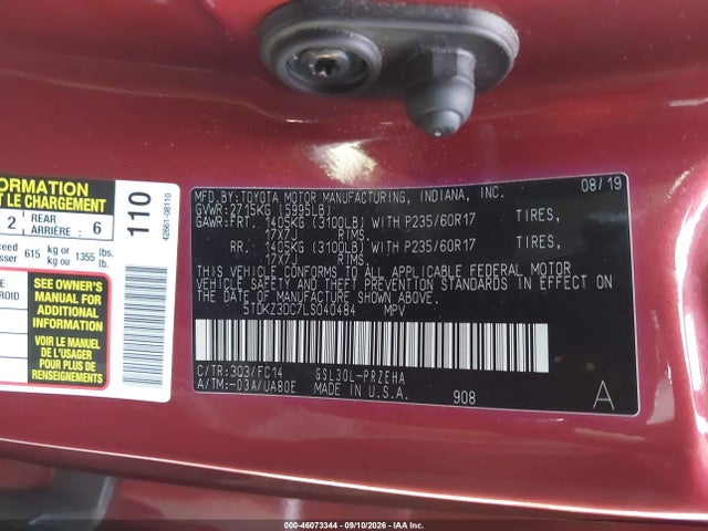 Aukcja sprzedaży 2020 Toyota Sienna Le, vin: 5TDKZ3DC7LS040484, numer aukcji: 46073344