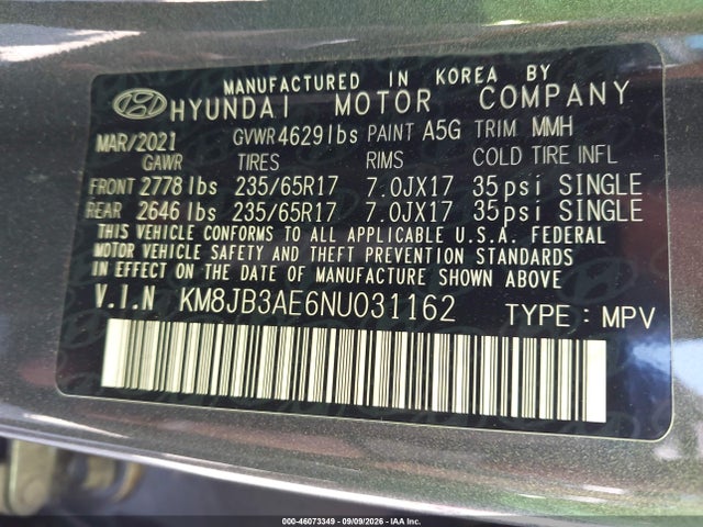 Aukcja sprzedaży 2022 Hyundai Tucson Sel, vin: KM8JB3AE6NU031162, numer aukcji: 46073349