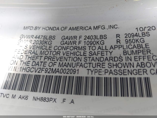 46073357 :رقم المزاد ، 1HGCV2F92MA002091 vin ، 2021 Honda Accord Touring مزاد بيع