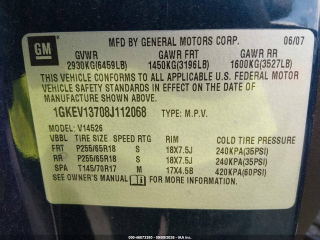 Продажа на аукционе авто 2008 Gmc Acadia Sle-1, vin: 1GKEV13708J112068, номер лота: 46073380