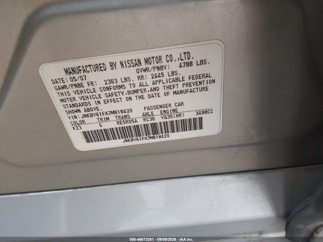 46073381 :رقم المزاد ، JNKBV61FX7M818420 vin ، 2007 Infiniti G35x مزاد بيع