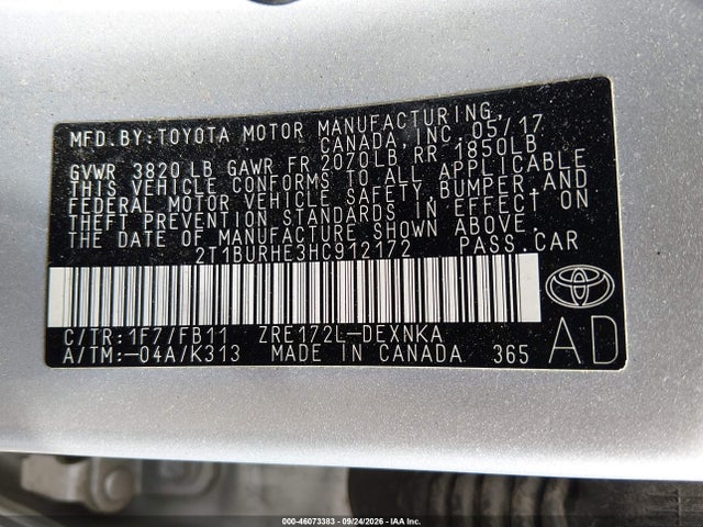 Продажа на аукционе авто 2017 Toyota Corolla Le, vin: 2T1BURHE3HC912172, номер лота: 46073383