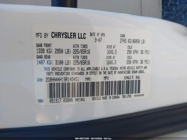 Продаж на аукціоні авто 2008 Dodge Grand Caravan Se, vin: 2D8HN44H18R145451, номер лоту: 46073385