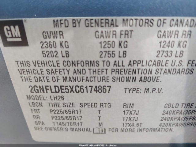 46073390 :رقم المزاد ، 2GNFLDE5XC6174867 vin ، 2012 Chevrolet Equinox 1lt مزاد بيع