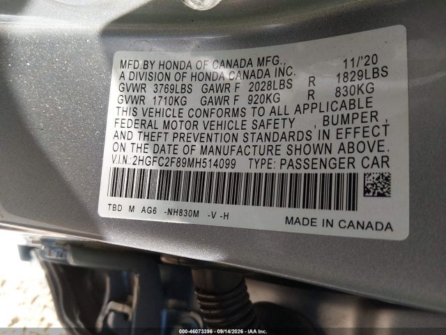 Продажа на аукционе авто 2021 Honda Civic Sport, vin: 2HGFC2F89MH514099, номер лота: 46073396