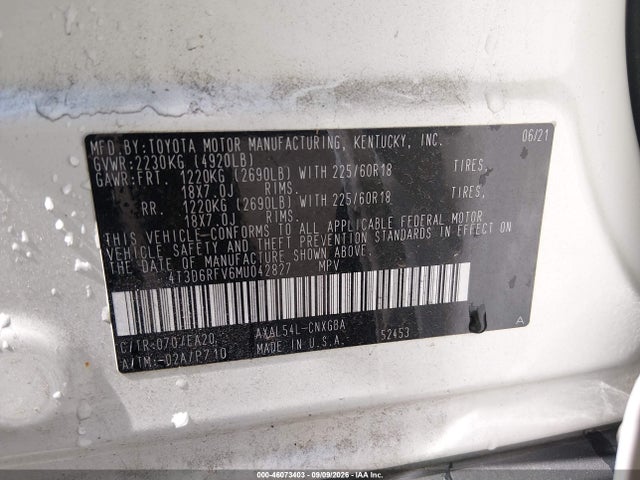 Aukcja sprzedaży 2021 Toyota Rav4 Hybrid Limited, vin: 4T3D6RFV6MU042827, numer aukcji: 46073403