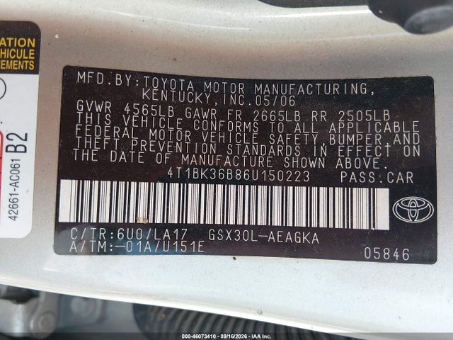 2006 Toyota Avalon Xls მანქანა იყიდება აუქციონზე, vin: 4T1BK36B86U150223, აუქციონის ნომერი: 46073410