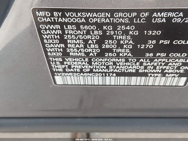 1V2WE2CA6NC201174 Volkswagen Atlas Cross Sport 3.6l V6 Se W/technology