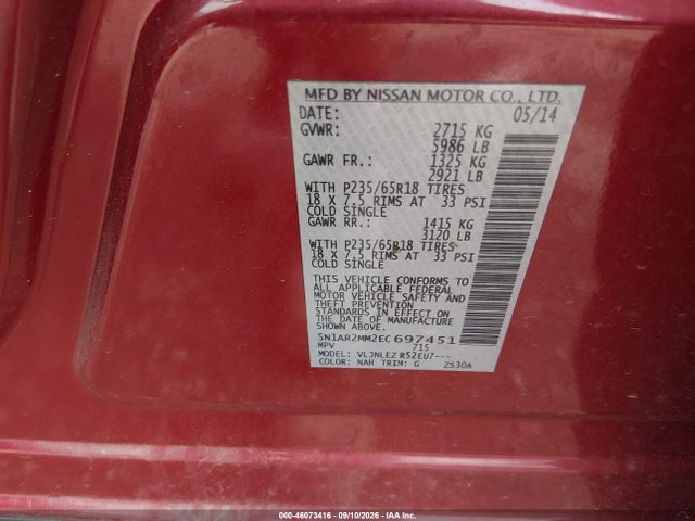 46073416 :رقم المزاد ، 5N1AR2MM2EC697451 vin ، 2014 Nissan Pathfinder Sv مزاد بيع