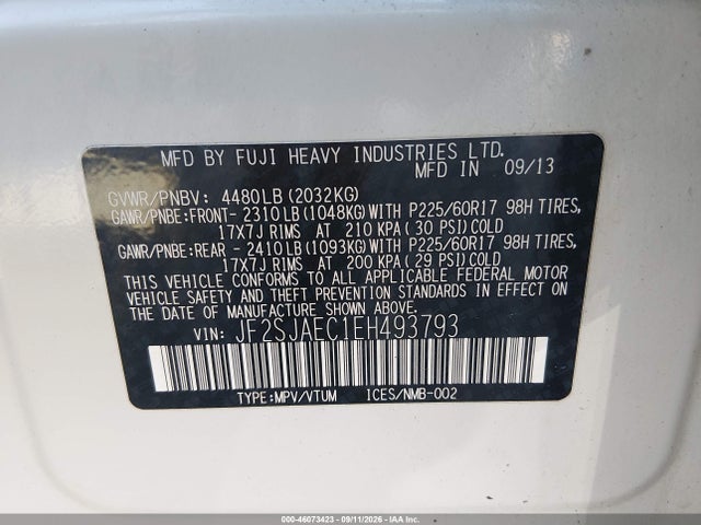 2014 Subaru Forester 2.5i Premium მანქანა იყიდება აუქციონზე, vin: JF2SJAEC1EH493793, აუქციონის ნომერი: 46073423