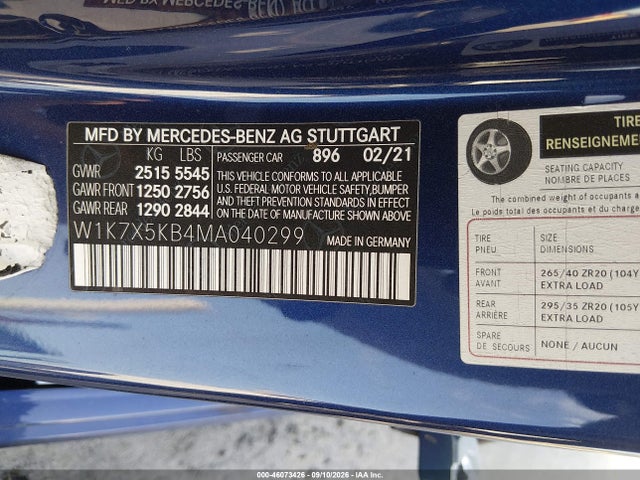 46073426 :رقم المزاد ، W1K7X5KB4MA040299 vin ، 2021 Mercedes-benz Amg Gt 43 4-door Coupe مزاد بيع