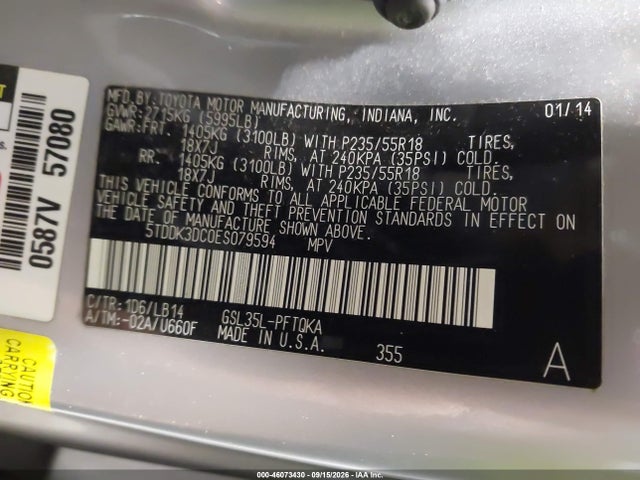 Aukcja sprzedaży 2014 Toyota Sienna Xle 7 Passenger, vin: 5TDDK3DC0ES079594, numer aukcji: 46073430