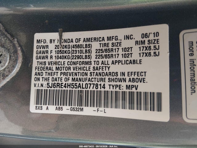 2010 Honda Cr-v Ex მანქანა იყიდება აუქციონზე, vin: 5J6RE4H55AL077814, აუქციონის ნომერი: 46073433